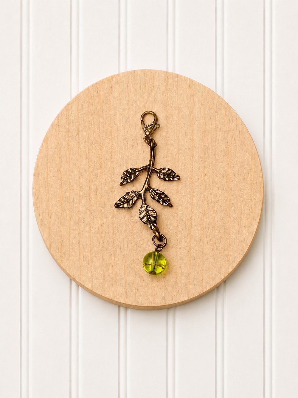 Leaf Branch Phone Charm Keychain Charm with Lime Green Bead